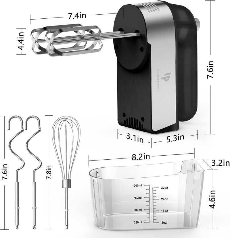 LILPARTNER Hand Mixer Electric, 450W Kitchen Mixers with Scale Cup Storage Case, Turbo Boost/Self-Control Speed + 5 Speed + Eject Button + 5 Stainless Steel Accessories, For Easy Whipping Dough, Cream, Black - Image 5